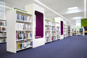 BCI Mobile Curved Shelving with Cocoons - Library Seating
