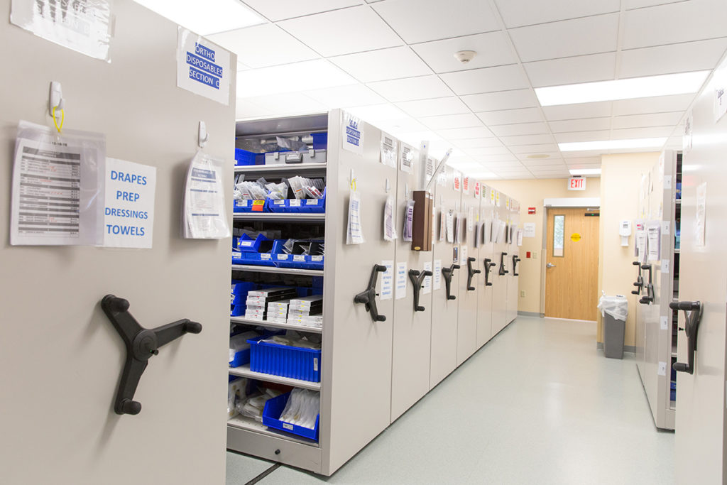 Healthcare Equipment Storage on Mechanical-Assist Mobile Shelving