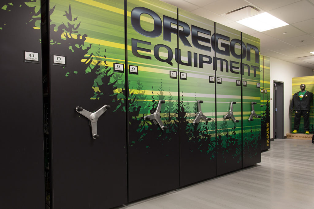 University Oregon Athletic Equipment Storage on Mechanical-Assist Mobile Shelving